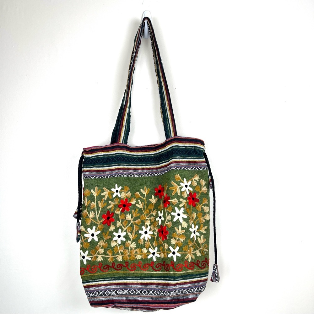 Boho Drawstring Tote Bag Embroidered Flowers Made in Nepal - Picture 2 of 11